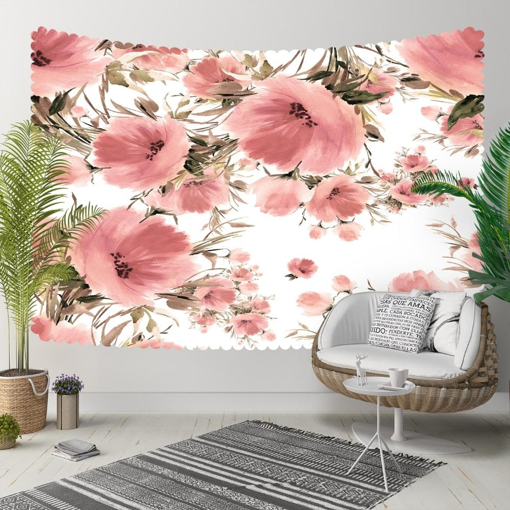 Else White Floor Pink Flowers Green Leaf Floral 3D Print Decorative Hippi Bohemian Wall Hanging Landscape Tapestry Wall Art